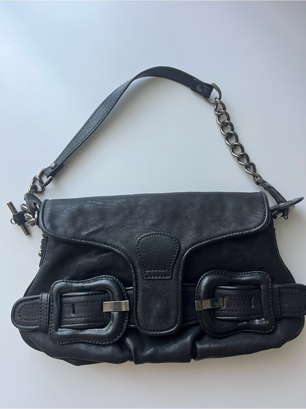 Y2K Vintage Black Leather Shoulder Bag with Chain Strap